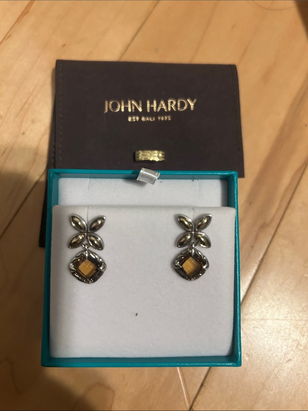 John Hardy Silver Floral Drop Earrings with Golden Citrine Stone